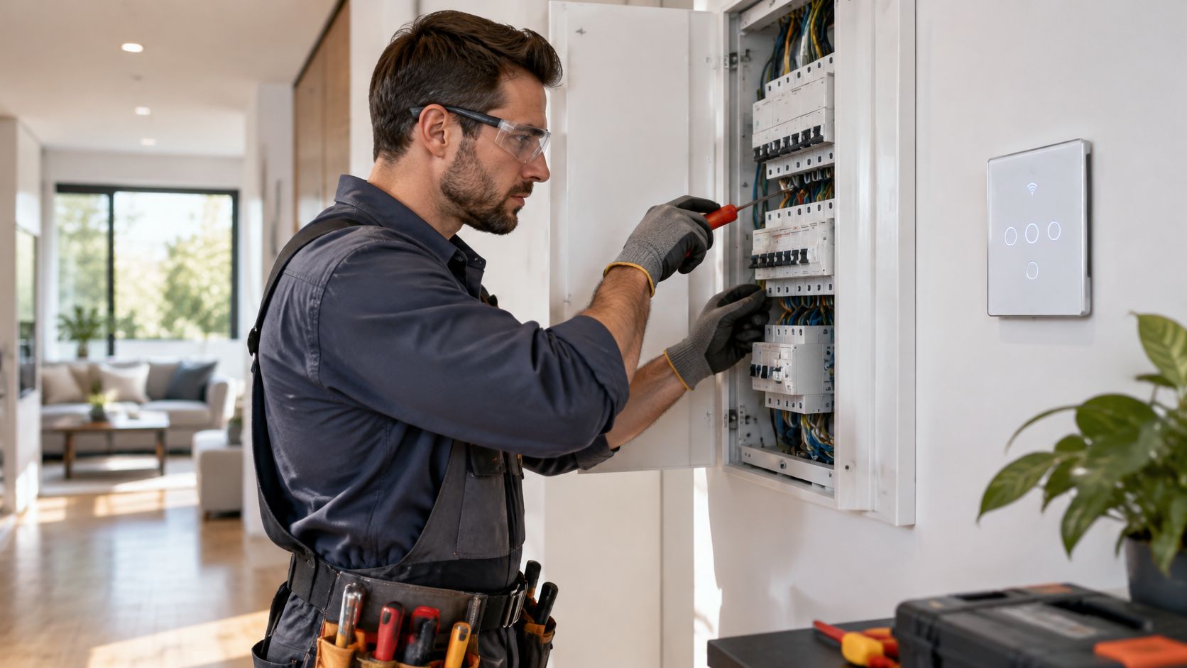 En professionel elektriker arbejder med sikringsskabet i et moderne hjem med smart belysning og smarte kontrolpaneler.