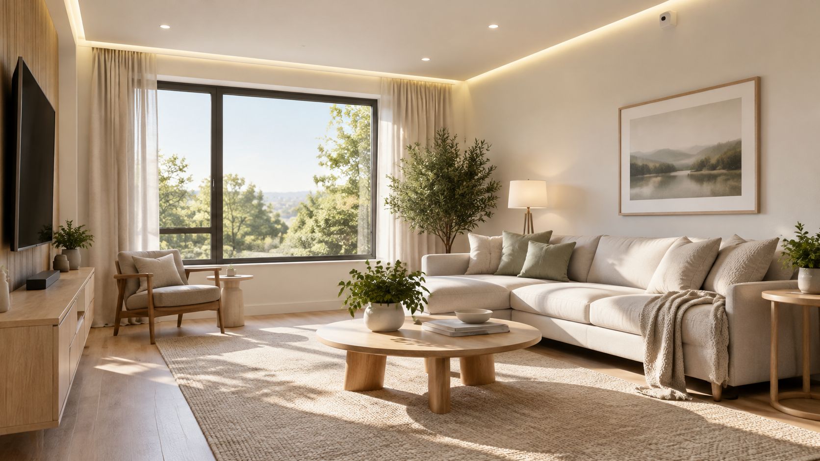 Moderne stue med lyst interiør, blød sofa, rundt sofabord og smuk integreret smart belysning i loftet.