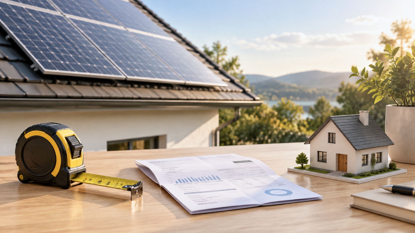 En model af et hus med solceller, målebånd og dokumenter på et bord foran et rigtigt hus.