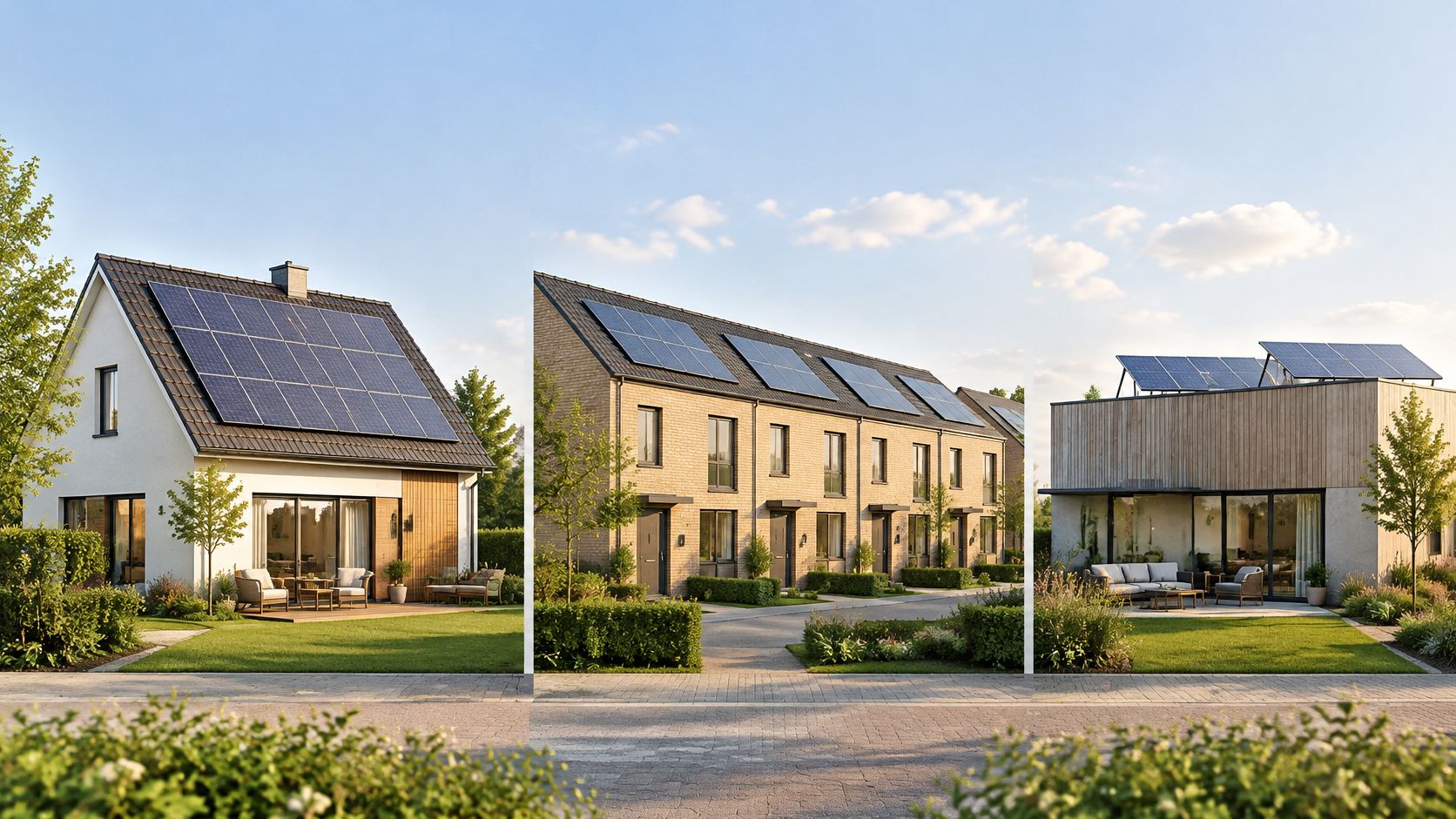 Tre forskellige moderne huse med solcelleanlæg på taget i et solrigt og grønt boligområde med haver.