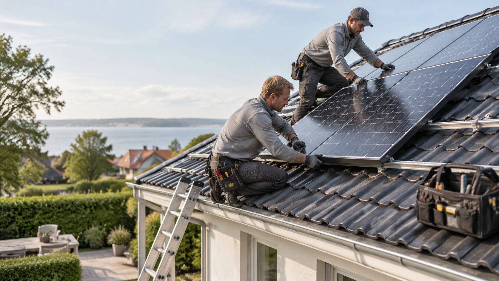 To montører installerer sorte solcellepaneler på et tegltag på et hus med udsigt over vandet.