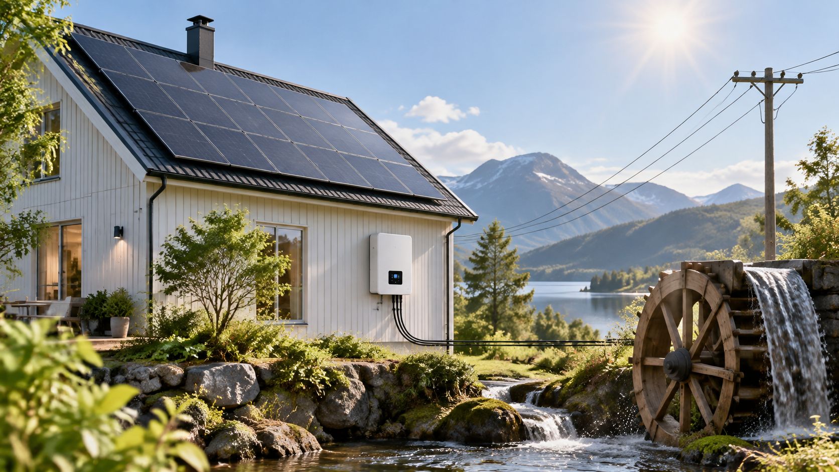 Et moderne hus med solpaneler på taget og en vandmølle ved en bæk i et naturskønt bjerglandskab.
